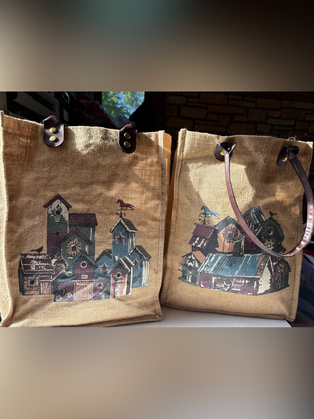 Burlap/Jute Tote Bag Set of 2 with Rustic Barn Village Print